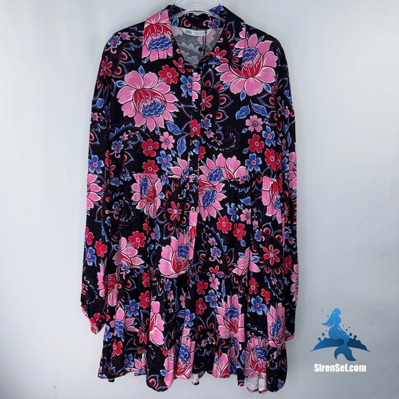 Zara Dresses & Skirts - 1127 NWT Zara Long Sleeve Floral Dress - Size L - Black/Pink/Blue